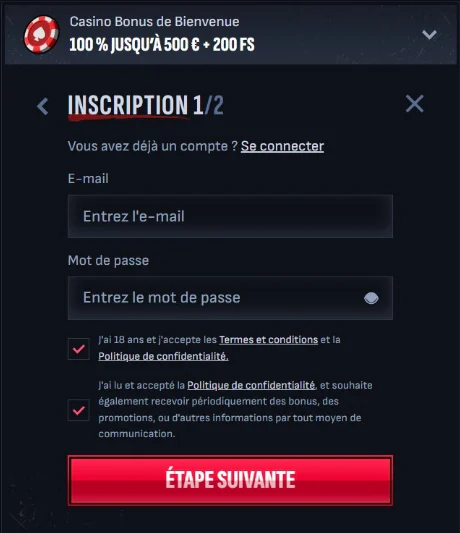 Formulaire d'inscription Mafia Casino avec champs e-mail, mot de passe et validation des conditions